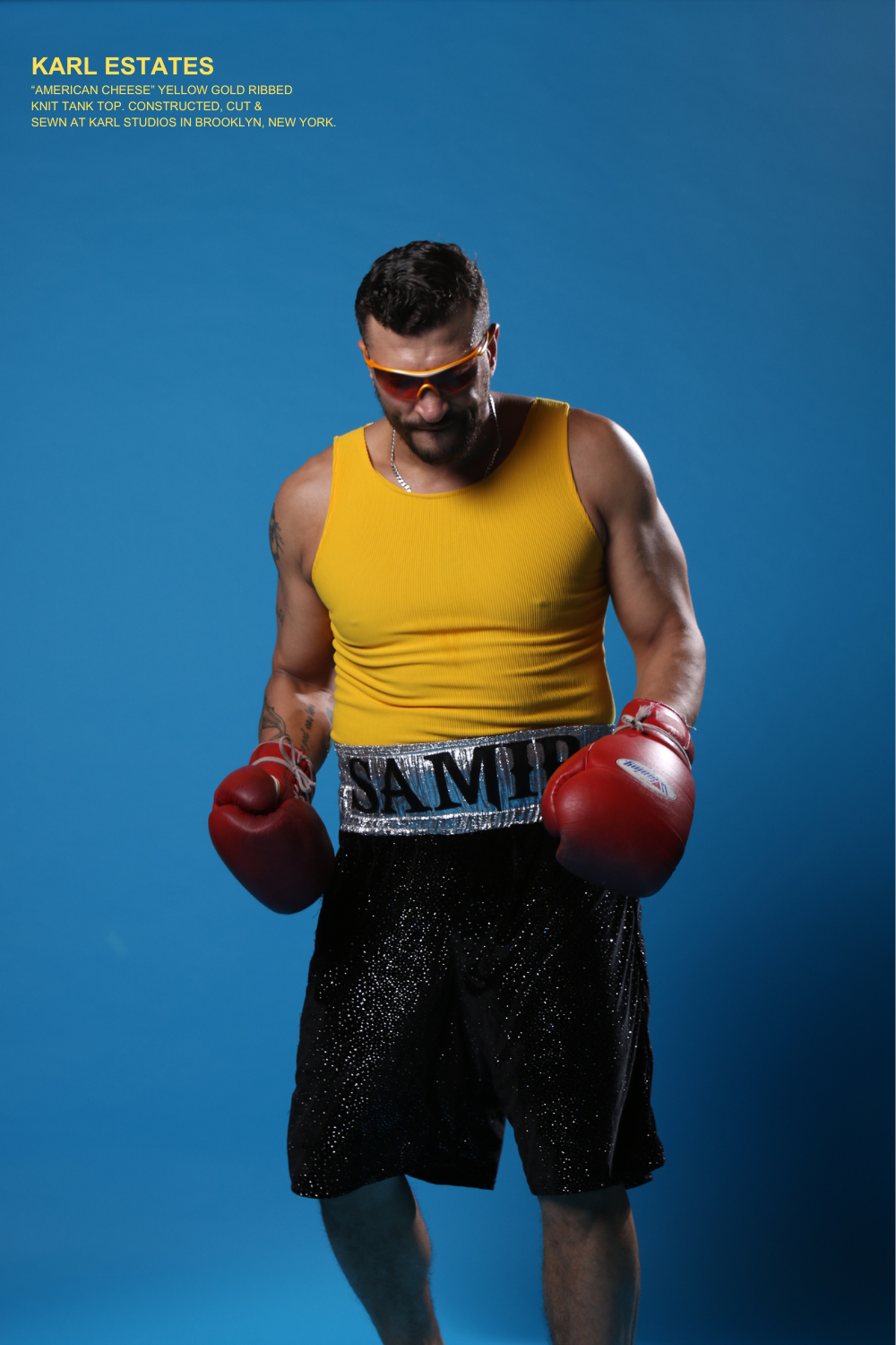 "AMERICAN CHEESE" YELLOW GOLD RIBBED KNIT TANK TOP